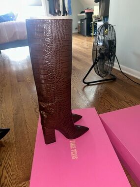 Paris Texas Croc-Embossed Dark Brown Knee-High Block Heel Boot